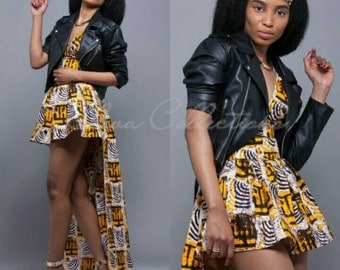 Yellow, Black, Gray and white African Ankara Print Plunging Crop Top, African High Low Skirt, High waist african skirt, African print dress