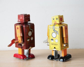 Vintage robot toy, tin robot wind up toy in brown and orange, collectible, walking robot toy, Chinese, robot clockwork toy, late eighties