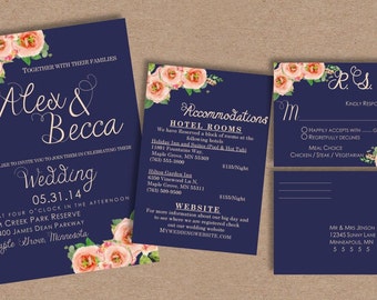 Wedding Invitation Set //Navy//Floral//Romantic