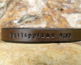 Mens Custom Leather Bracelet Cuff - Scripture Text - Personalize it how you want - Medium Brown - Men or Women Kids Children