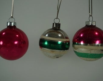 Vintage Christmas Ornaments, Lot of 3, Retro, Stripes, 1 All Pink, 2 Striped Glass X-mas Balls, Christmas Tree FREE 1st Class Shipping
