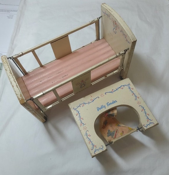 1950s Vintage Wood Doll Baby Bed Crib and Chair Dolly Tender