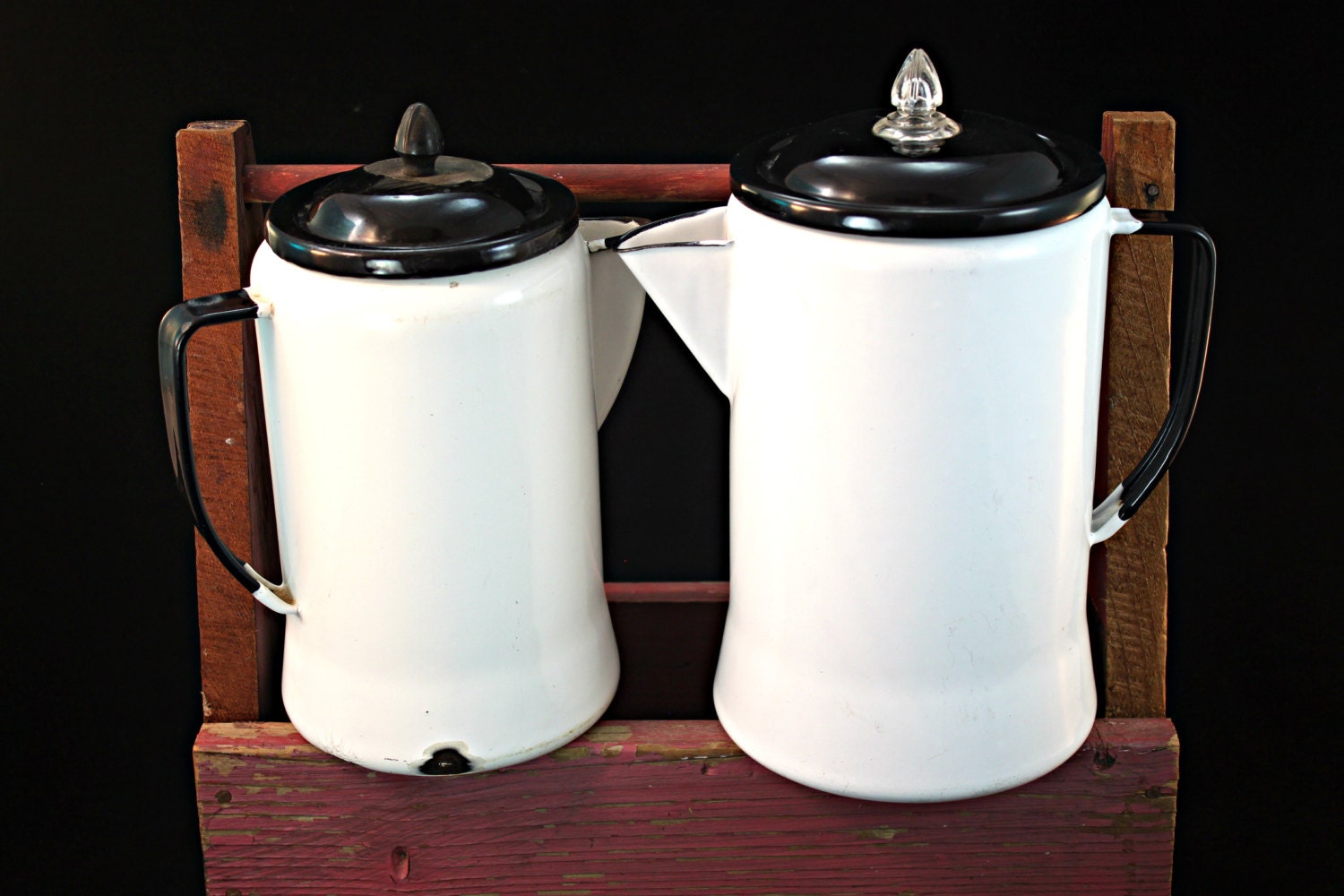 Vintage Graniteware Coffee Pot White Enamelware with Black