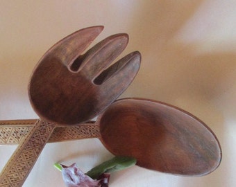 Carved wood decorative salad serving set salad tossers vintage wood fork and spoon for tossing salad carved wood spoon and fork