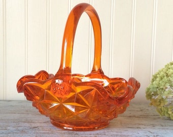 Orange Amberina Pressed Glass Basket Indiana Glass Monticello Pattern