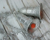 Silver Bells Paper Mache Vintage 1960's Christmas Bells Christmas Kitsch New Old Stock Large glittery Bell set red flocked clapper nostalgic