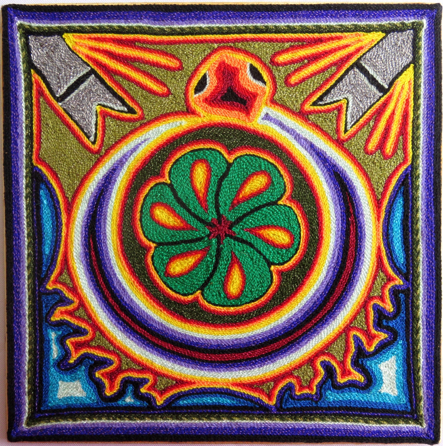 7.9 Mexican Huichol Snake and Peyote yarn painting 20