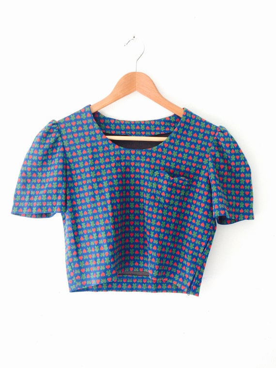 Heart Pattern Crop Top | 70s poly blend simple navy green red heart pattern crop top Heart Pattern Crop Top | 70s poly blend simple navy green red heart pattern crop top