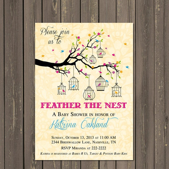 Bird Baby Shower Invitation, Feather the Nest Baby Shower Invite, Bird Cage Baby Shower Invitation, Baby Girl Shower, Printable or Printed Il_570xn