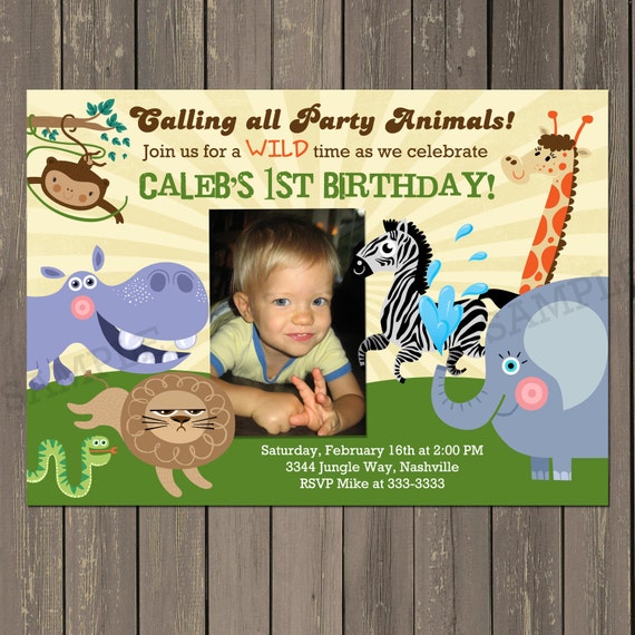 Jungle Birthday Invitation, Jungle Animals 1st Birthday Invitation, Safari Birthday Party Invite, Photo Invitation, Printable or Printed Il_570xn