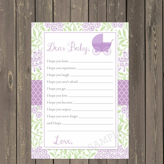 Dear Baby Card, Wishes for Baby Shower Game in Lavender & Green, Stroller Dear Baby Card, Baby Girl Advice Card, Instant Download Il_570xn
