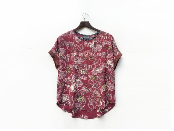 Last Size M Burgundy Blouse Floral Print Shirt Bohemian