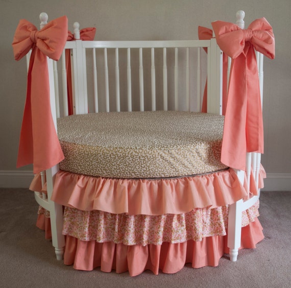 Metallic Gold Cheetah and Coral Baby Girl Round Crib Cot