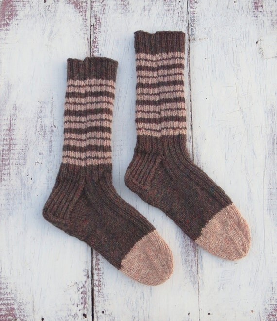 Womens Knit Wool Socks Hand Knit Womens Brown Pink Heavy Work