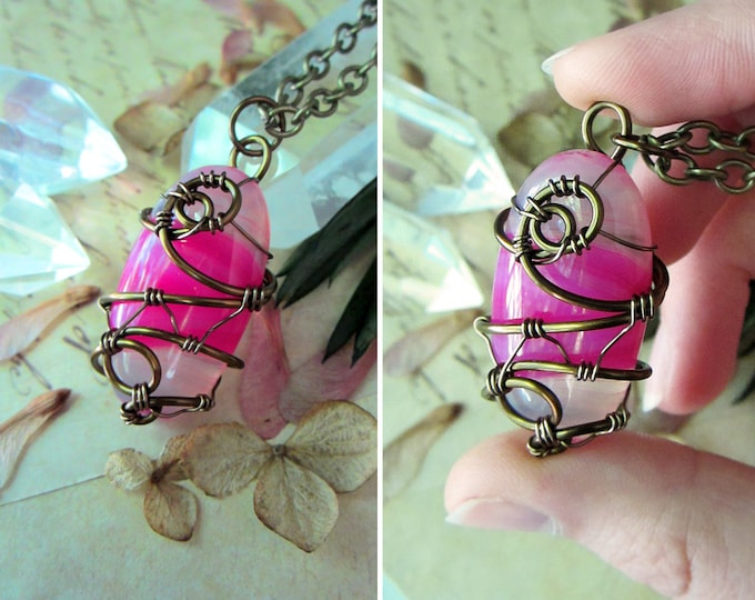 Wire wrapped hot pink lace Agate necklace "Tropicana". Custom chain length.