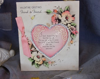 Vintage Valentine for Friend with real ribbon, 1920's Hallmark