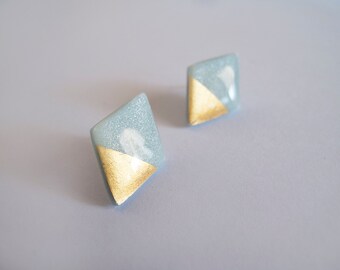 Blue Gray &23k Gold Rhombus Stud Earrings - Hypoallergenic Surgical Steel Posts