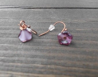 Simple purple Czech glass flower drop earrings with antique copper ear hooks earrings/minimalist/boho chic/purple flowers/feminine/dainty