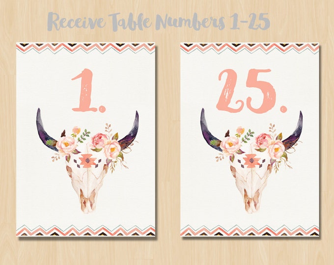 Printable Wedding Table Numbers, Bohemian Floral Bullhead Watercolor, Rustic Wedding, Table Number Signs, DIY Printable, Feathers