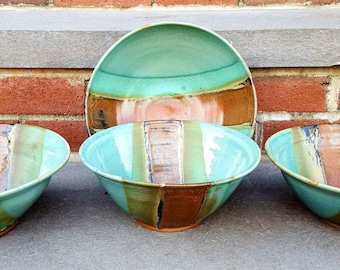 Pottery Pasta Bowl, Pottery Salad Bowl, Pottery Serving Bowl, Brown Stripe Green Turquoise Teal