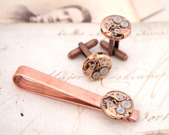 Copper Cufflinks and Tie Bar Set Copper Anniversary Gift Idea for Hubby Steampunk Cuff Links And Tie Pin Industrial Watch Movement cufflinks by KfiatekGiftedHands steampunk buy now online