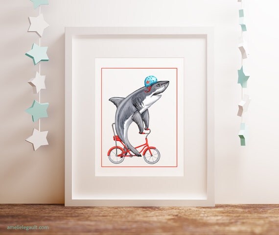 Shark on bicycle cycling shark print kids wall art 8 x 10