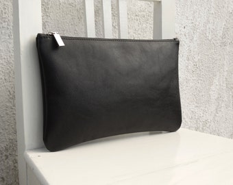 Leather Zipper Pouch /Black Leather Clutch/ready to ship