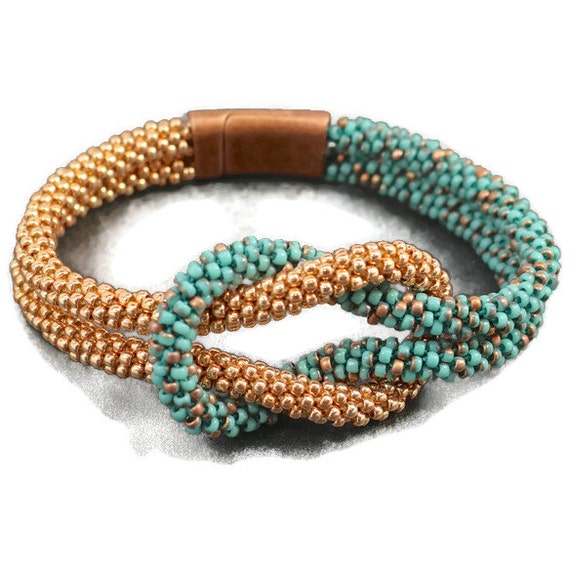 Items similar to Beaded Love Knot Infinity Bracelet in Turquoise and ...