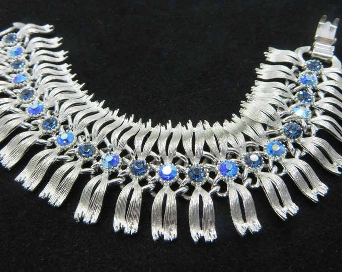 Lisner Blue AB Rhinestone Bracelet, Estate Vintage Egyptian Revival Silver Tone Bracelet