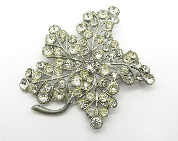 Rhinestone Large Leaf Brooch, Vintage Silver Tone Rhinestone Leaf Pin