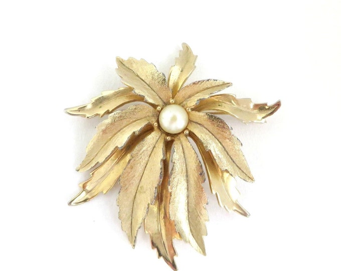 Emmons Brooch - Vintage Flowering Leaf Brooch, Faux Pearl Gold Tone Pin, Gift idea, Gift Box