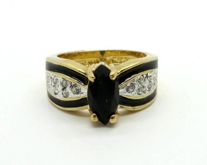ON SALE LIND 14K Gold Plated Tuxedo Ring, Vintage Black Spinel and Cz Ring, Size 5
