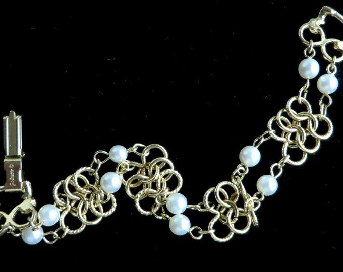 Goldette NY Link Bracelet, Vintage Faux Pearl, Goldtone Bracelet