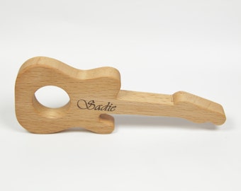 Personalized Guitar Teether, Wooden Teether, Natural Wood Teether, Organic Wood Teether, Wooden Baby Toy, Wooden Teething Ring, Grasping Toy