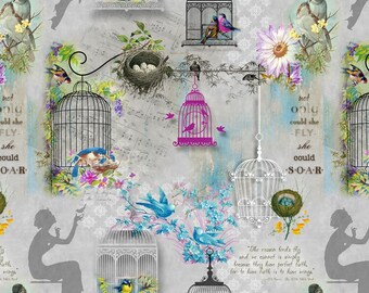 Bird & Bird Cages Fabric - Song Birds by Kathleen Francour for SPX Fabrics - 25304 Grey - Priced by the half yard
