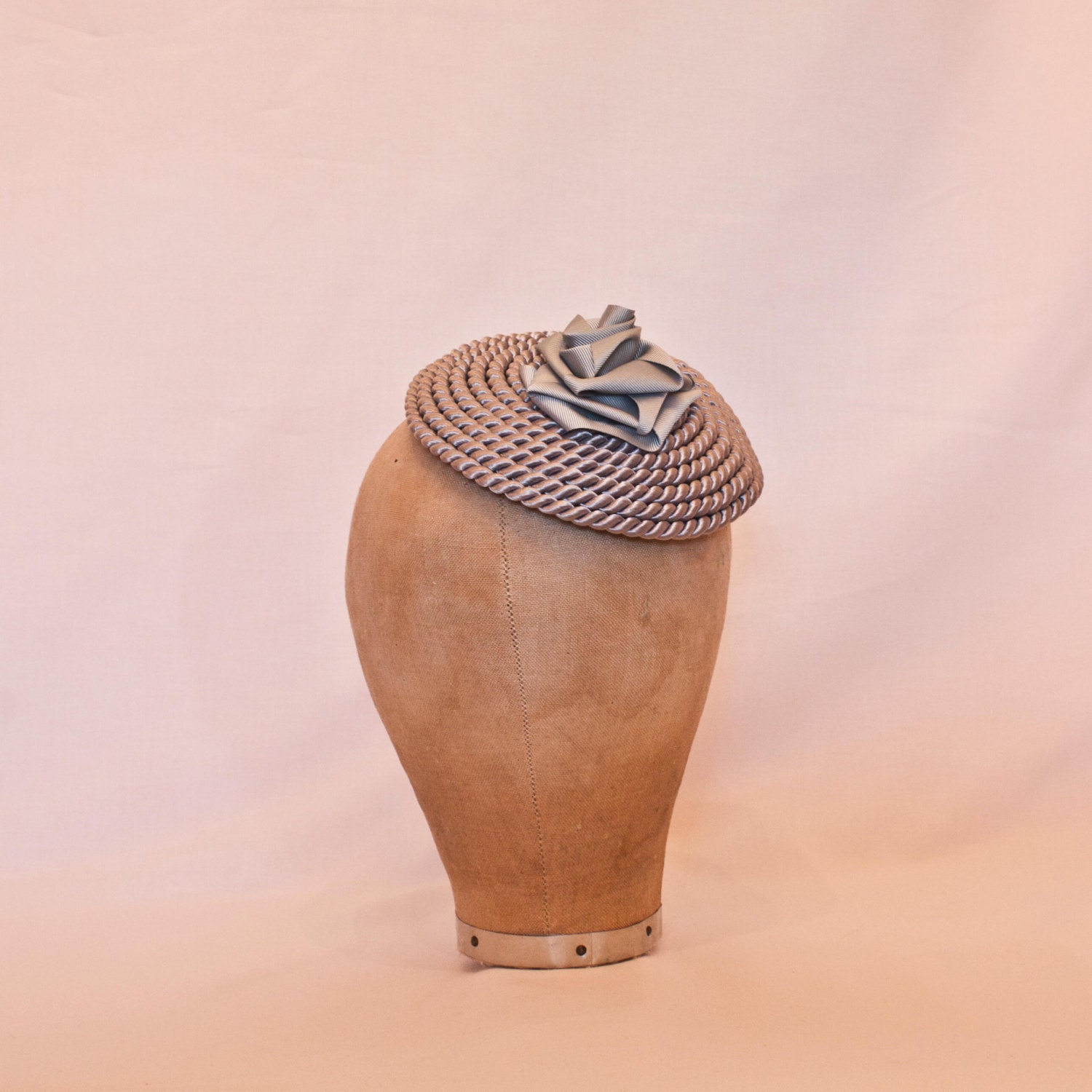 Handmade silver cord hat with ribbon rose detailing