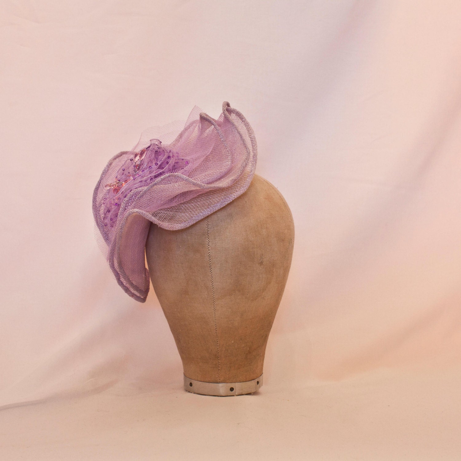 Handmade lilac frill hat, decorated with sequins and beading