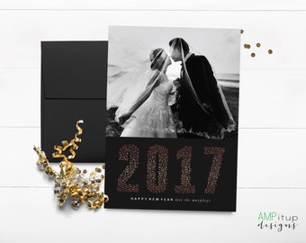 New Year's 2017 Confetti Photo Card - New Year's Card - New Year Photo Card - Faux Gold Foil and Black - New Year Holiday Card - Printable