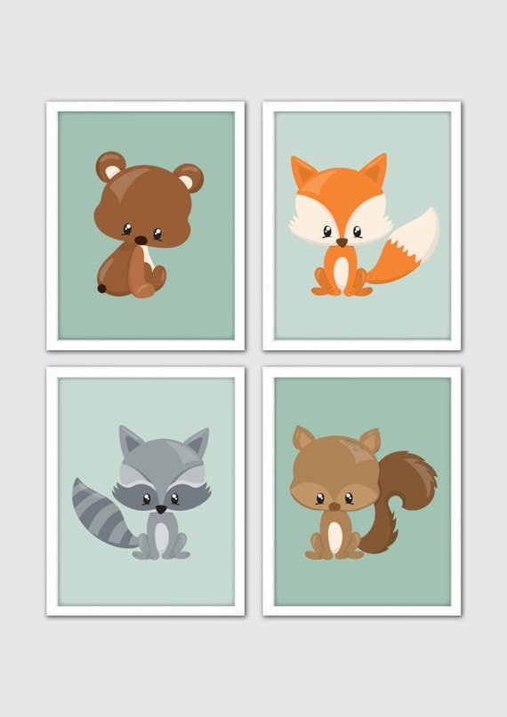 Woodland Animals Nursery Art Woodland Nursery Prints Racoon