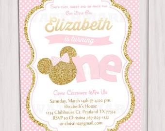 Pink and Gold Minnie Mouse First Birthday Party Invitation, 1st Birthday, Gold Glitter, Polka Dot invite, Girl, Printable Invitation