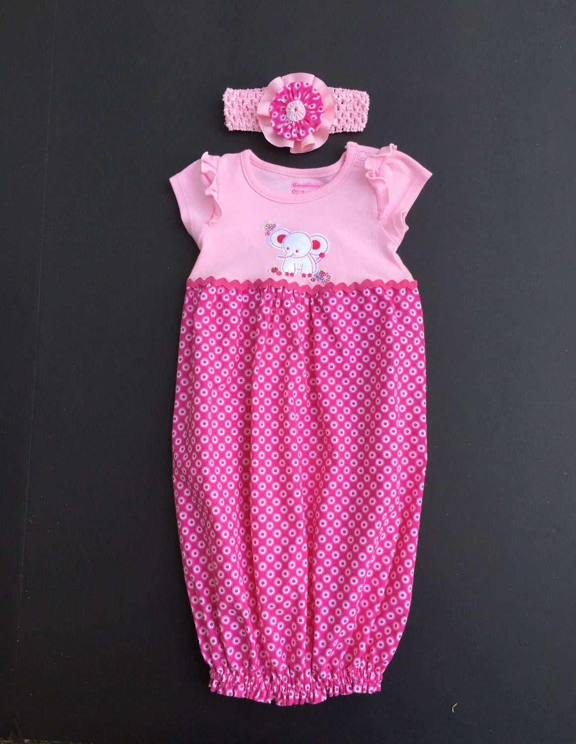 Layette baby gown with matching headband and bow Baby girl