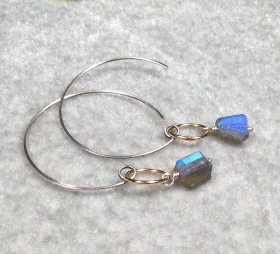 Labradorite Hoop Earrings oxidized Sterling 14K Gold by IsaStone