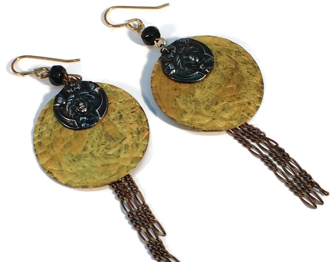 Hand Painted Gold Colored Dragon Scale Maiden Flower Brass Shoulder Duster Earrings, Nickle Free Ear Wires, OOAK, One of a kind