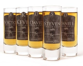 Set of 4, Personalized Shot Glasses, Groomsmen Shot Glasses, Gray Design
