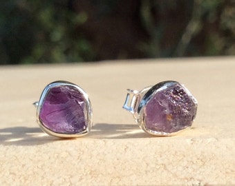 Raw Amethyst Silver Stud Earrings, Maid of Honour Gifts, Raw Gemstone Earrings, Raw Stone Studs, Amethyst Earrings, Purple Stone Studs
