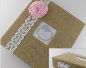 Burlap Baby Memory Book Girl baby book shabby elephant scrapbook Personalized Baby Memory Book chic baby Shower Gift 634 Z
