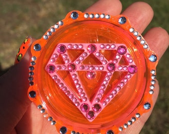 Neon orange diamond rhinestone glitter sparkle herb weed grinder