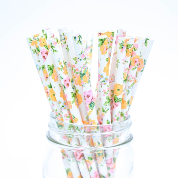 Floral Paper Straws, rustic party decor, flower straws, rustic wedding, garden party, tea party