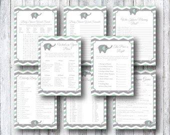 Printable Mint Green Elephant Baby Shower Games Package - Price Is Right, Nursery Rhyme Game, Word Search, Celebrity Baby Name - Chevron
