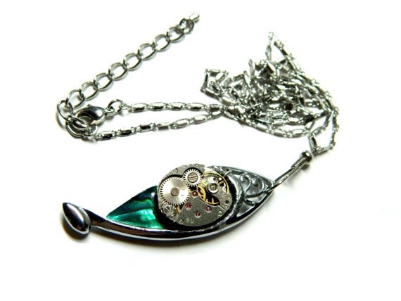 Blue green enamel steampunk jewelry silver colored necklace "Hooked on the hook", great birthday gift zodiac fish, astrological sign Pisces by EmilySteampunk steampunk buy now online Blue green enamel steampunk jewelry silver colored necklace "Hooked on the hook", great birthday gift zodiac fish, astrological sign Pisces by EmilySteampunk steampunk buy now online
